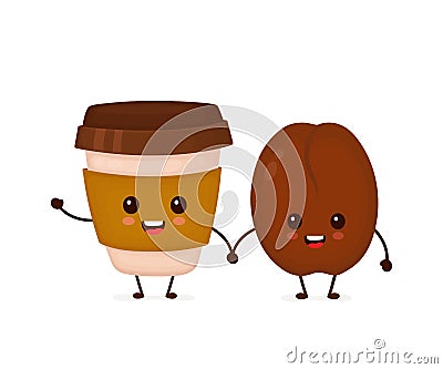 Happy cute coffee bean and paper coffee cup Vector Illustration