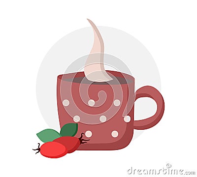 Cup of rosehip tea. Hot herbal drink. Mug with circles. Dog-rose fruit. Red berries. Traditional medicine, therapeutic Vector Illustration