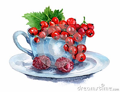 A cup on a saucer with currant berries and raspberries Stock Photo