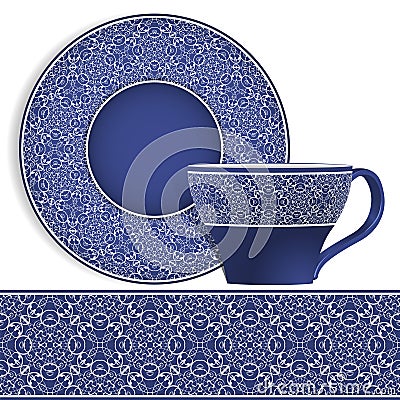 Cup and saucer with Oriental pattern. Vector Illustration