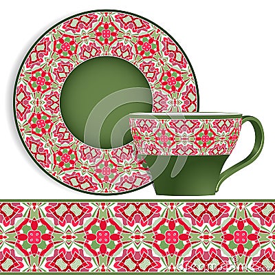 Cup and saucer with Oriental pattern. Vector Illustration