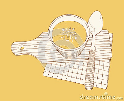 A cup of soup on the cutting board with spoon and paper napkin Cartoon Illustration