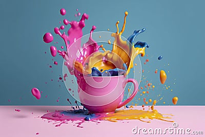 A cup splashes and spills the liquid making a mess of dirt. Ai generated Stock Photo