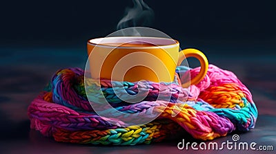 Cup of Steaming Hot Tea Coffee, Knitted Colorful Scarf Stock Photo