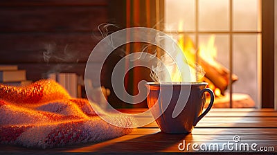 Cup of Steaming Tea Coffee Near Fireplace, Sunset Stock Photo