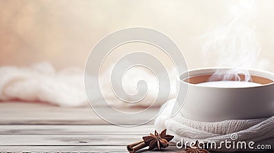 Cup of Steaming Tea Wrapped with Knitted Blanket on Blurred Background Stock Photo