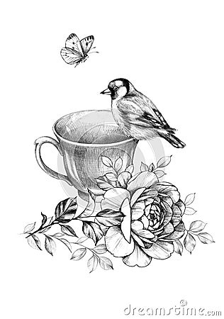 Cup of Tea, Bird and Butterfly Stock Photo