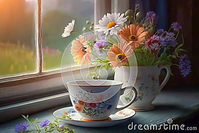 A cup of tea and a bouquet of wild flowers on the window. Romantic morning in the country. Generative AI Stock Photo