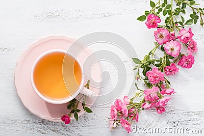 Cup of tea and branch of roses. Stock Photo