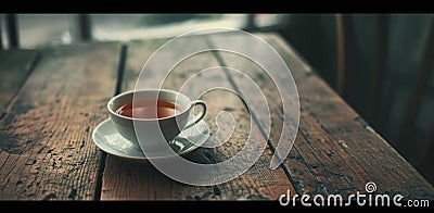 a cup of tea and a bundle of dried leaves on a wooden table Stock Photo