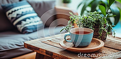 a cup of tea and a bundle of dried leaves on a wooden table Stock Photo