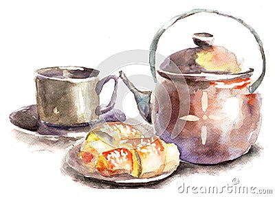 Cup of tea with buns Cartoon Illustration