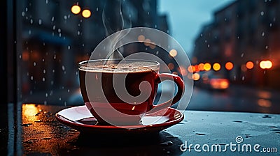 cup of tea evening street cafe at night ,view on rainy city blurred light Stock Photo