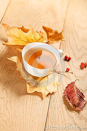 A cup of tea with falling autumn leaves of maple, and a berries of rowan on the background of the wood table Stock Photo