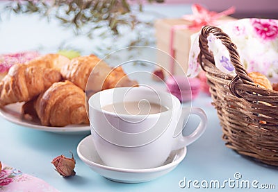 Cup of tea and fresh baked croissants. Healthy lifestyle concept. Romantic style. Stock Photo