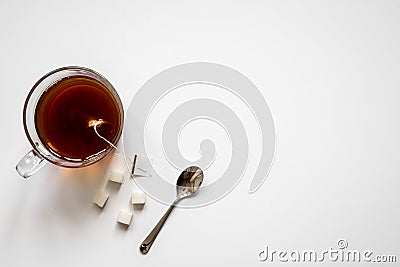 Cup of tea with lumps of sugar top view mock up Stock Photo