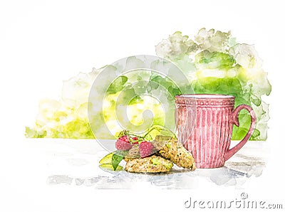 A cup of tea and oatmeal cookies in the summer garden, digital watercolor Stock Photo