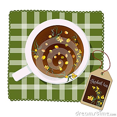 Cup with tea with sea buckthorn berries on a napkin. View from above. Vector Illustration