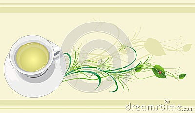 Cup with tea, sprig and ladybird Vector Illustration