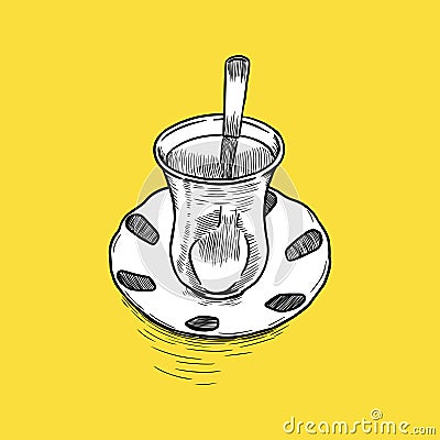 Cup of Tea Turkish Icon. Sketch and Vintage Style. Vector Illustration