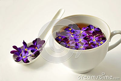 Cup of tea with violet flowers on white background close up. Stock Photo