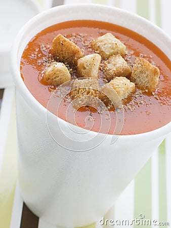 Cup Of Tomato Soup With Croutons Stock Photo