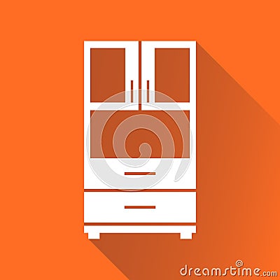 Cupboard icon on orange background with long shadow. Vector Illustration