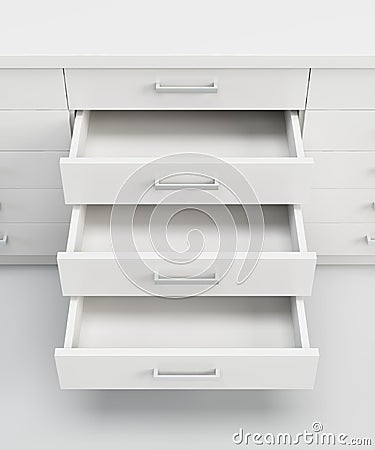 Cupboard with opened drawers Stock Photo