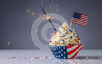 Cupcake. American Flag. US Holidays. Cake on 4th of July, Independence, Presidents Day. Tasty cupcakes with white cream icing and Stock Photo