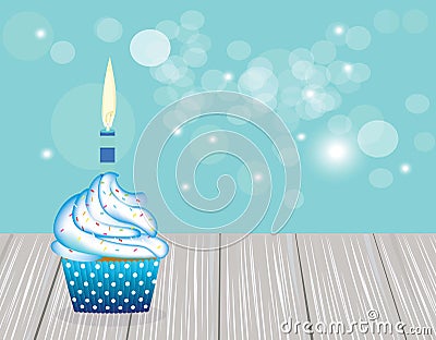 Cupcake with blue candle on blue blurred background, Vector Illustration