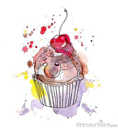 Cupcake cake with chocolate and cherry. Watercolor Stock Photo