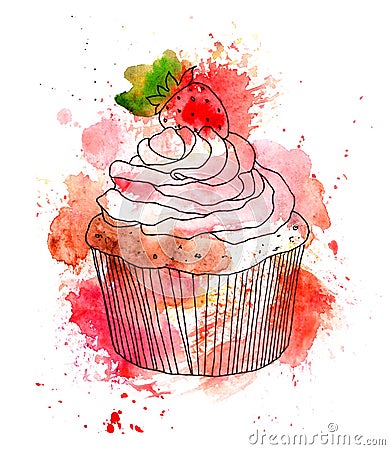 Cupcake cake with cream and strawberry berry. Watercolor Stock Photo