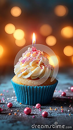 Cupcake with candle, birthday delight, bokeh lights backdrop, festive Stock Photo
