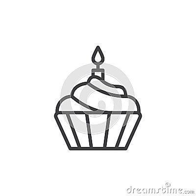 Cupcake with candle line icon, outline vector sign, linear style pictogram isolated on white. Vector Illustration
