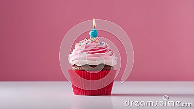 cupcake with candle A realistic scene of a birthday cupcake with a colorful single one 1 candle on a white background. Stock Photo