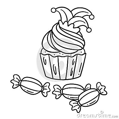 Cupcake and Candy Isolated Coloring Page for Kids Vector Illustration