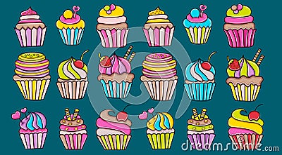 Cupcake cartoon doodle icon set. Vector Illustration