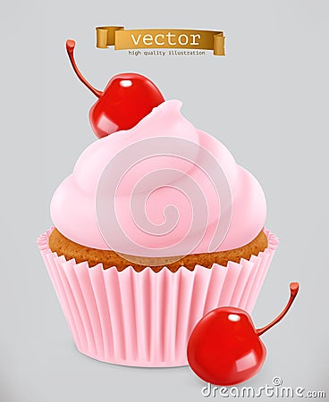 Cupcake with cherry. 3d vector icon Vector Illustration