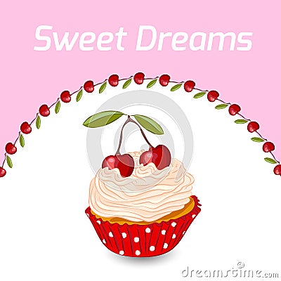 Cupcake and cherry greeting card template Vector Illustration