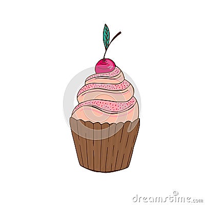 Cupcake with cherry. Vector doodle badge. Sweet vector print. Cartoon sticker in trendy style Vector Illustration