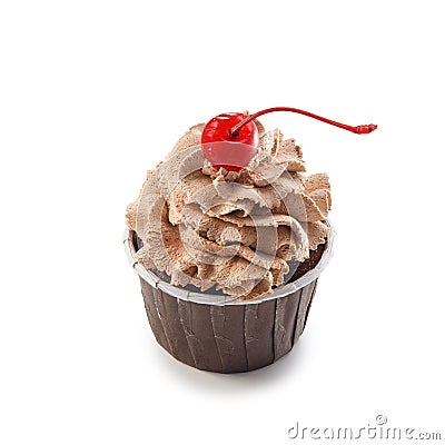Cupcake with chocolate cream and maraschino cherry in paper form Stock Photo