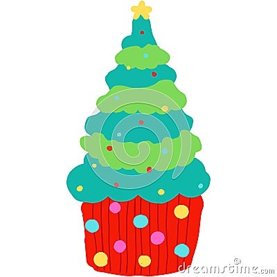 cupcake christmas tree line art doodle Vector Illustration