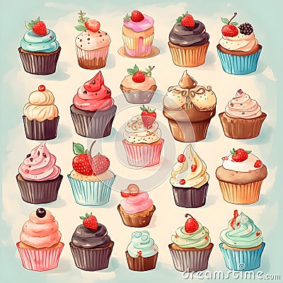 cupcake collection, flat colors, cute simple design, watercolor. AI generated Cartoon Illustration