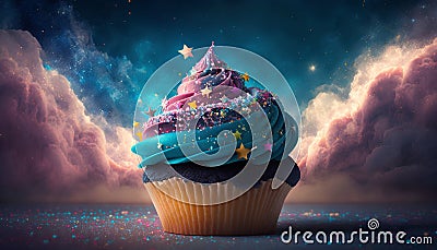 Cupcake with colorful cream and stars on the background of the night sky Stock Photo