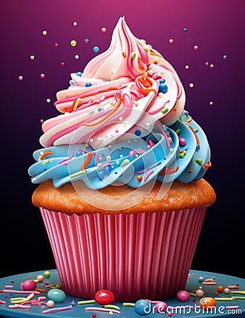 Cupcake with colorful frosting and colorful sprinkles cake on velvet background. Stock Photo