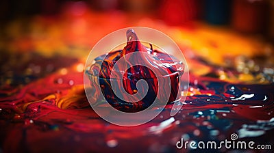 a cupcake covered in red, blue, and yellow swirled icing on a surface of red, yellow, and blue paint Stock Photo