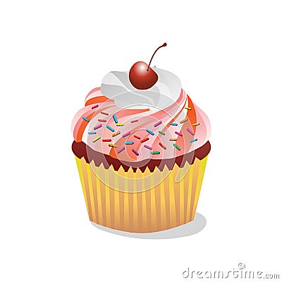 Cupcake with cream and cherry on top Vector Illustration
