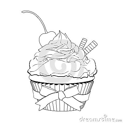 Cupcake with cream, with a cherry on top and waffles, vector outline illustration, coloring, sketch, contour black and white drawi Vector Illustration