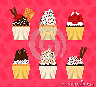 Cupcake Design Illustrations With Various Girly Decorations And Toppings. Sweet Cupcake With Chocolate Topping, Nuts, Wafers, Vector Illustration