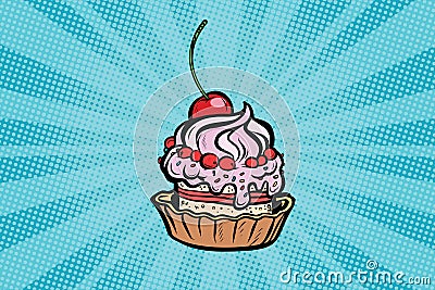Cupcake dessert with cherries and cream Vector Illustration